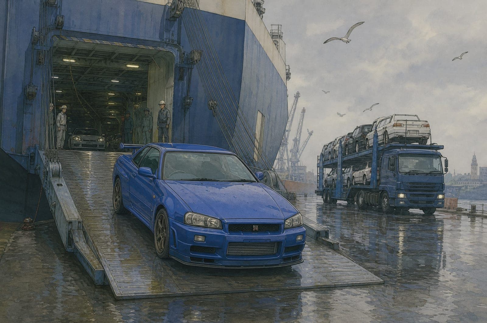 Illustration of a blue Nissan Skyline GT-R rolling off a ship at a British port