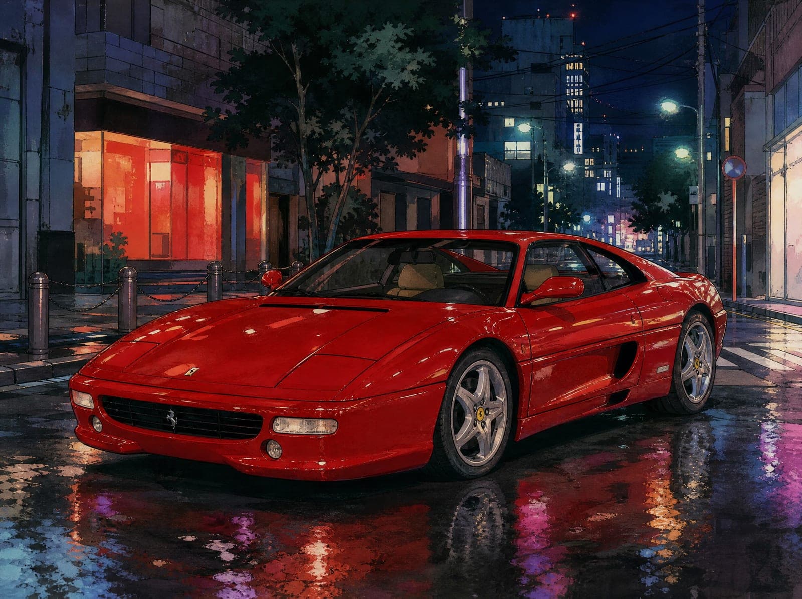 Illustration of a red Ferrari F355 on a wet Tokyo street at night