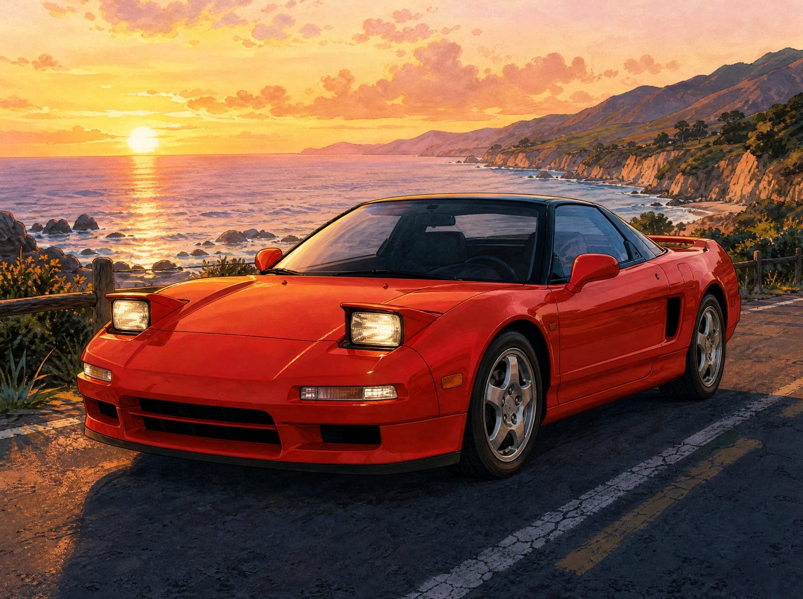 Illustration of a red Honda NSX with pop-up headlights on a coastal road