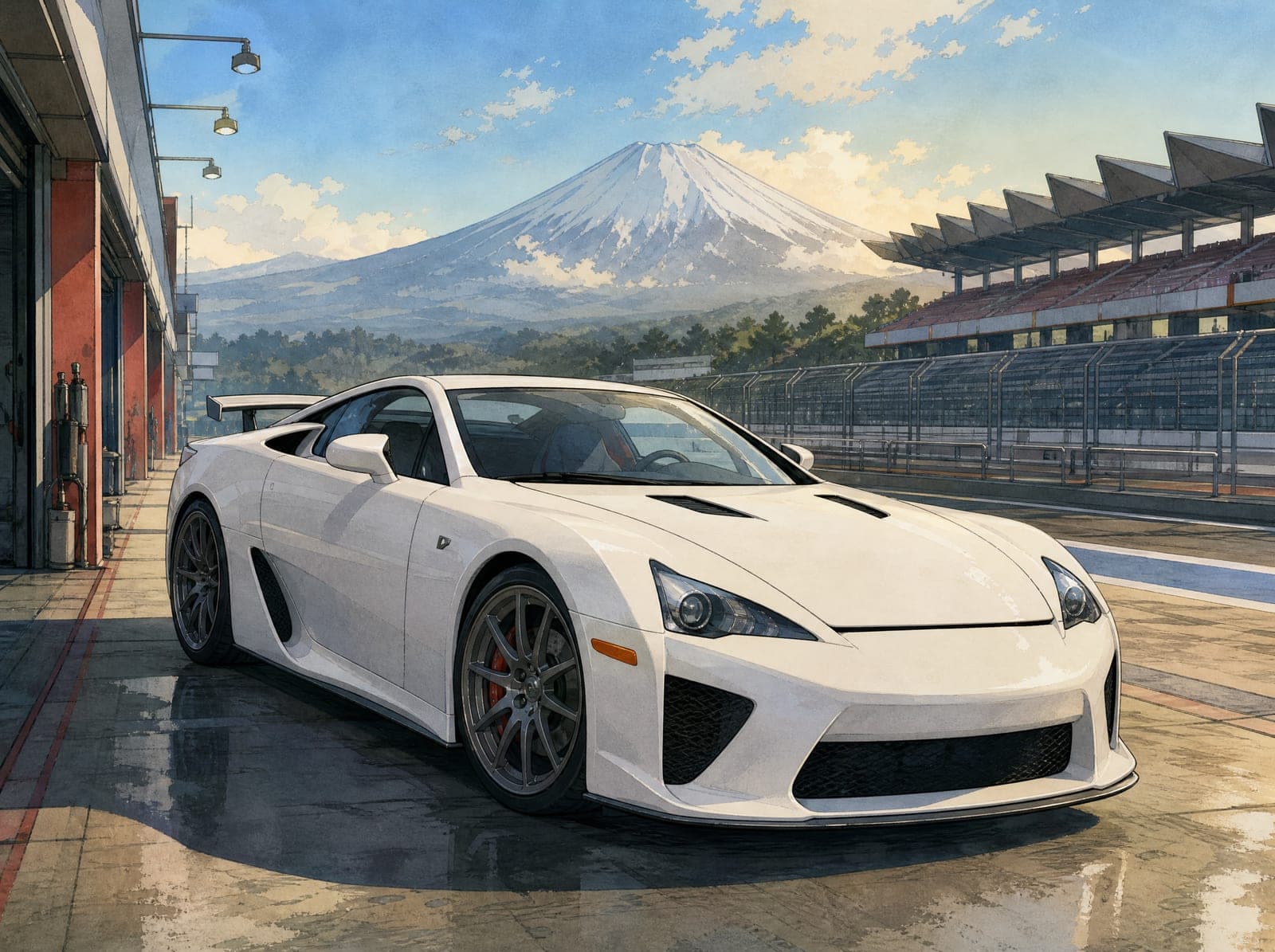 Illustration of a white Lexus LFA in a circuit pit lane with Mount Fuji behind