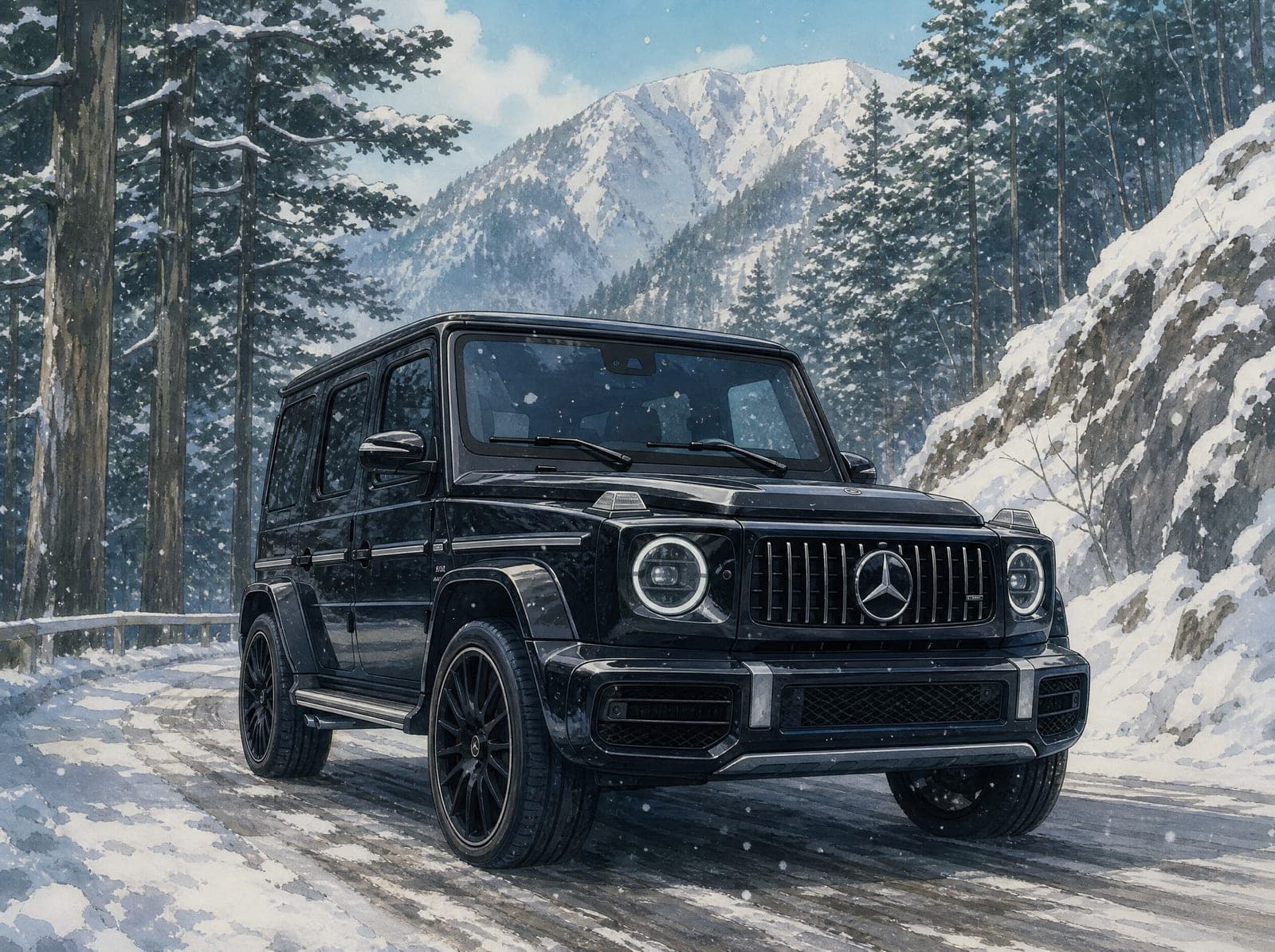 Illustration of a black Mercedes G 63 on a snowy mountain road in the Japanese Alps