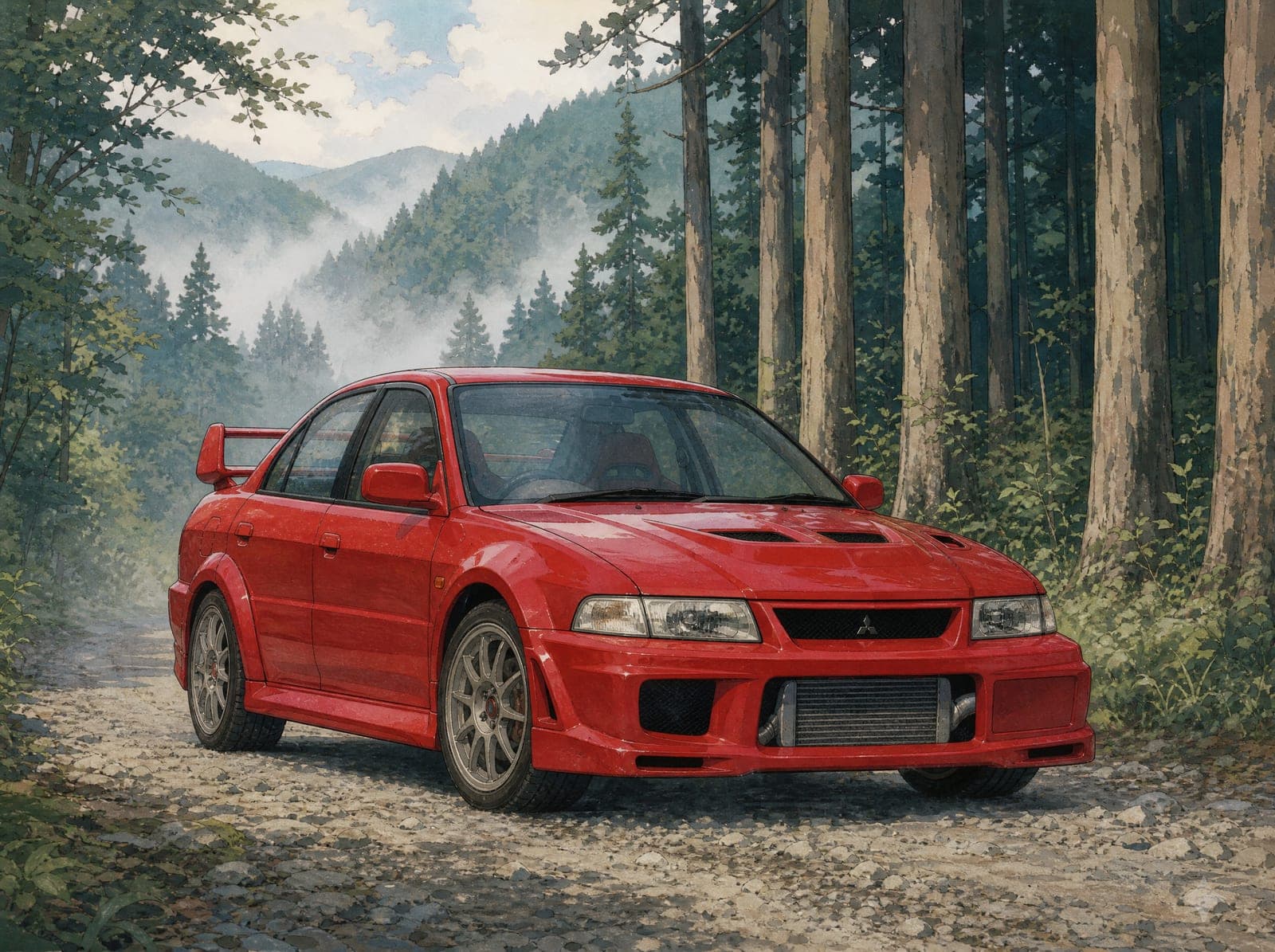 Illustration of a red Lancer Evolution VI on a misty gravel forest road