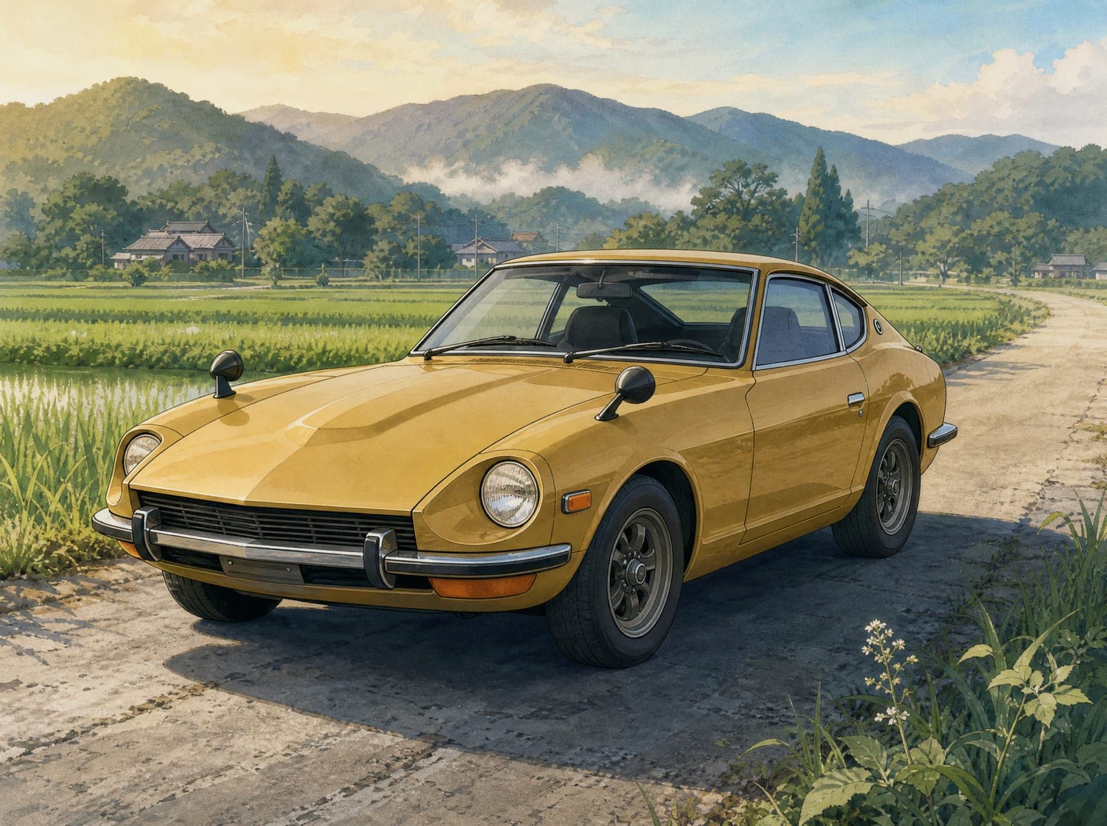 Illustration of a gold Datsun 240Z on a country road between rice fields