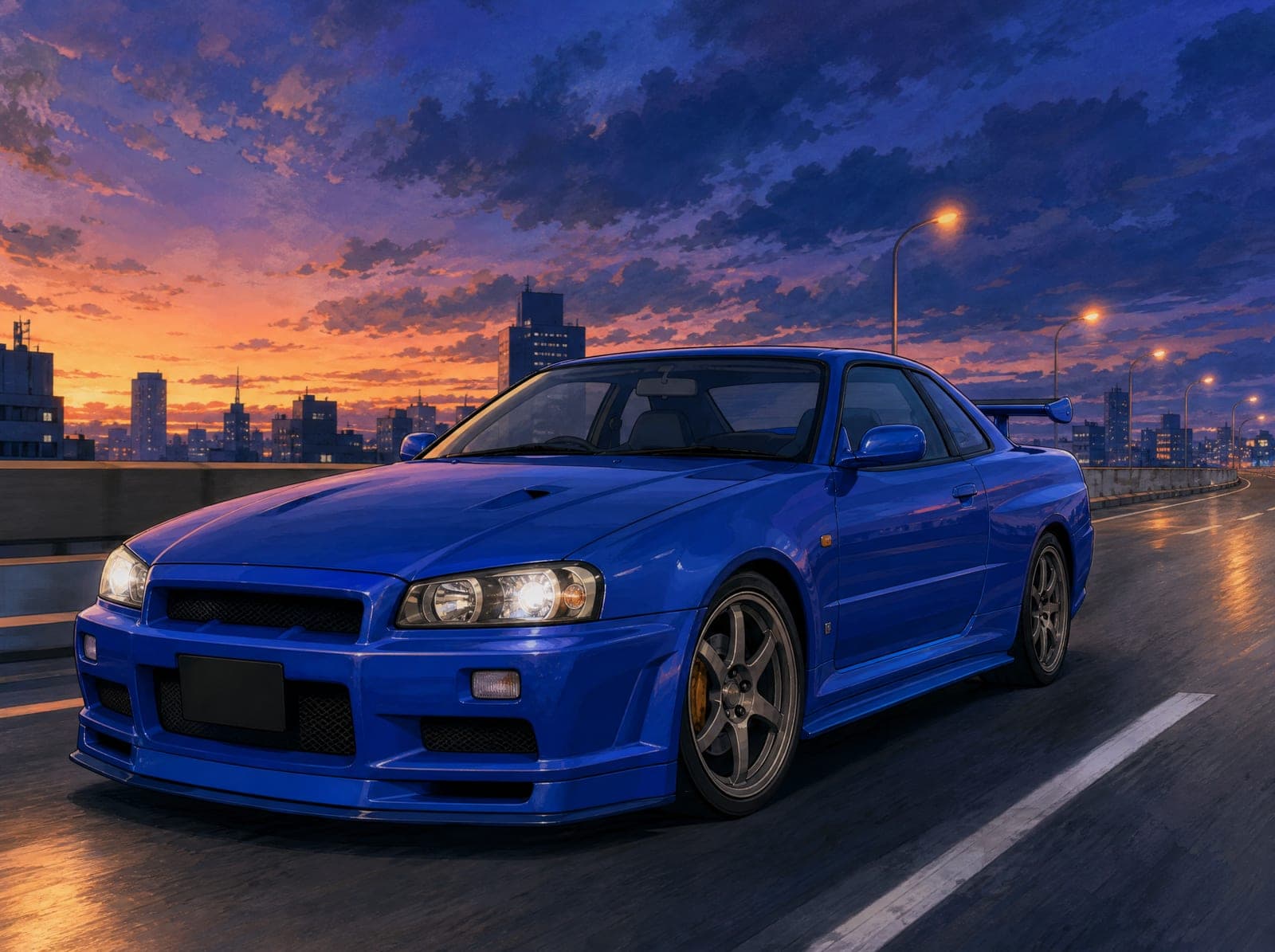 Illustration of a Bayside Blue Nissan Skyline GT-R R34 on a Tokyo expressway at dusk