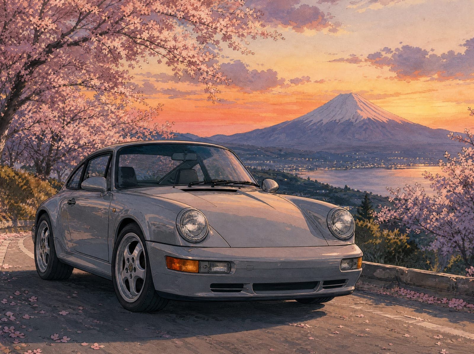 Illustration of a grey Porsche 911 993 on a cherry-blossom road with Mount Fuji
