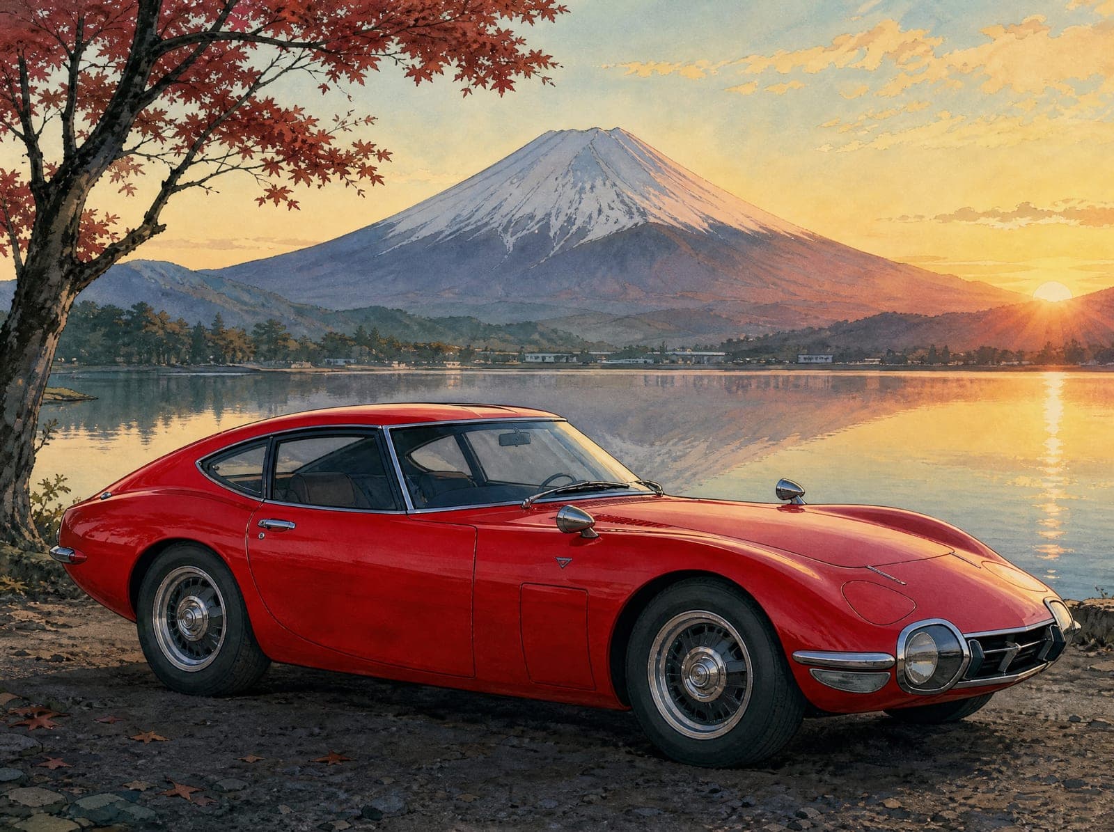 Illustration of a red Toyota 2000GT beside a lake reflecting Mount Fuji