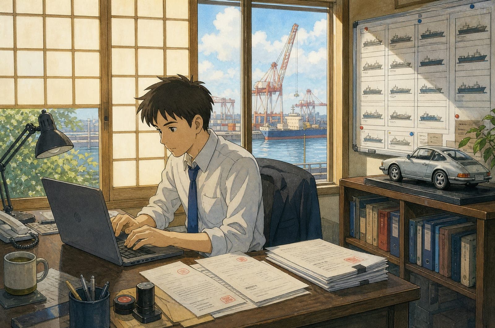 Illustration of a small Japanese export office with documents and a port view