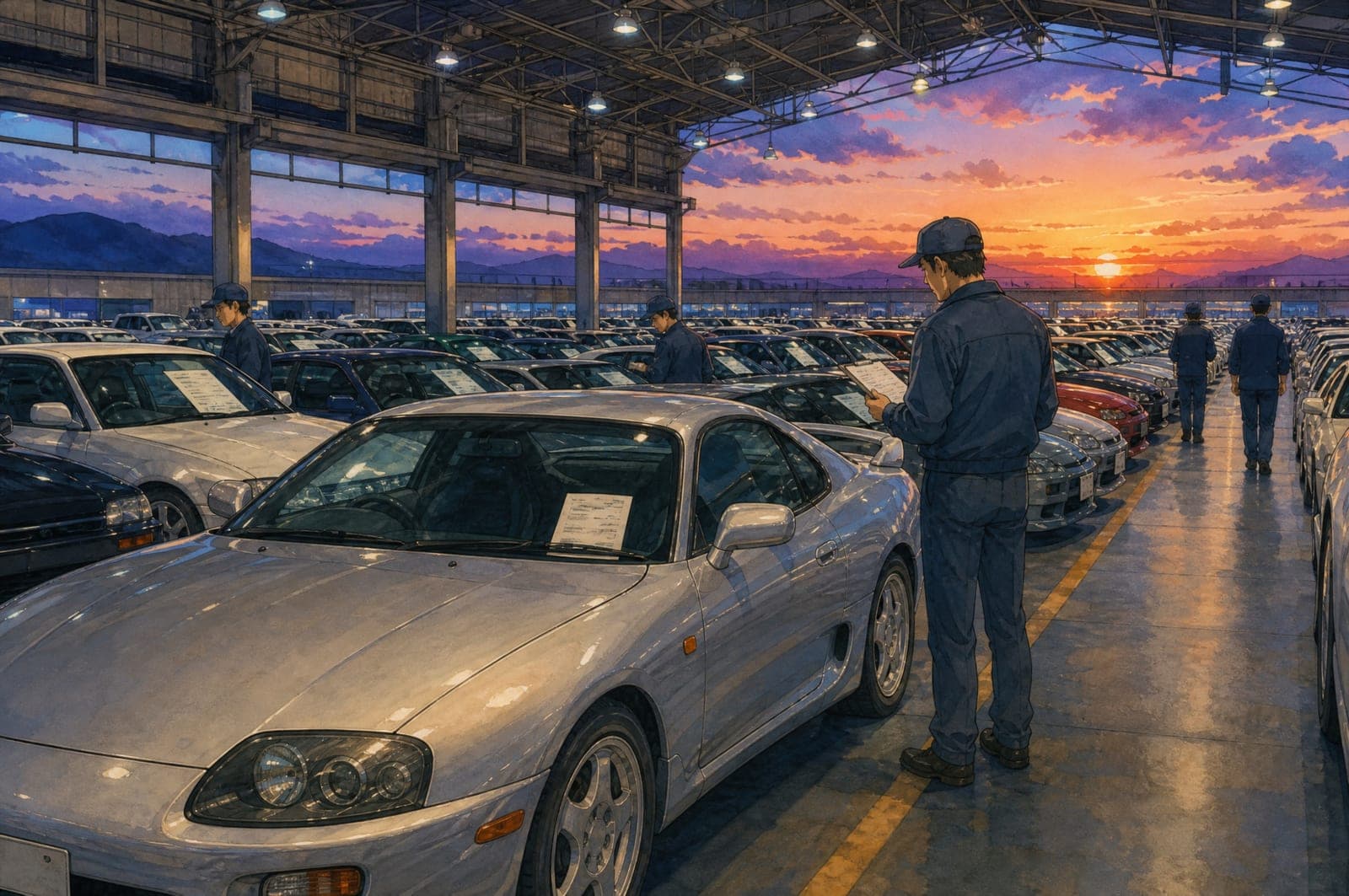 Illustration of a Japanese car auction hall with lanes of cars under roof lights