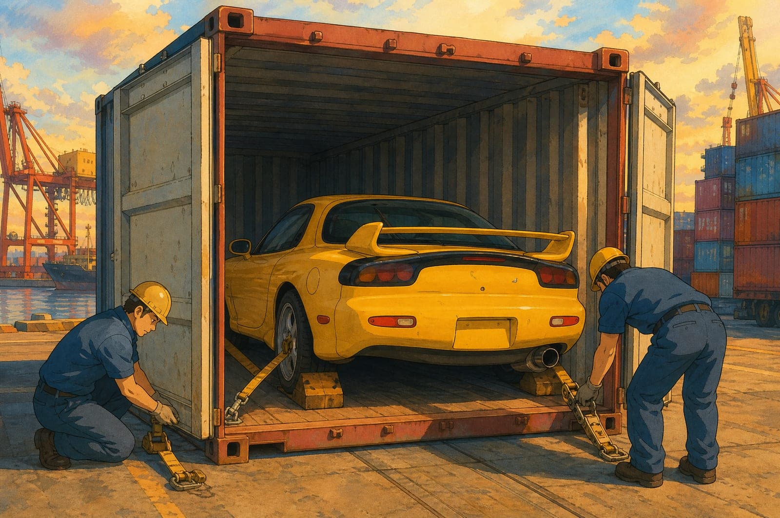 Illustration of a yellow Mazda RX-7 being secured inside a shipping container