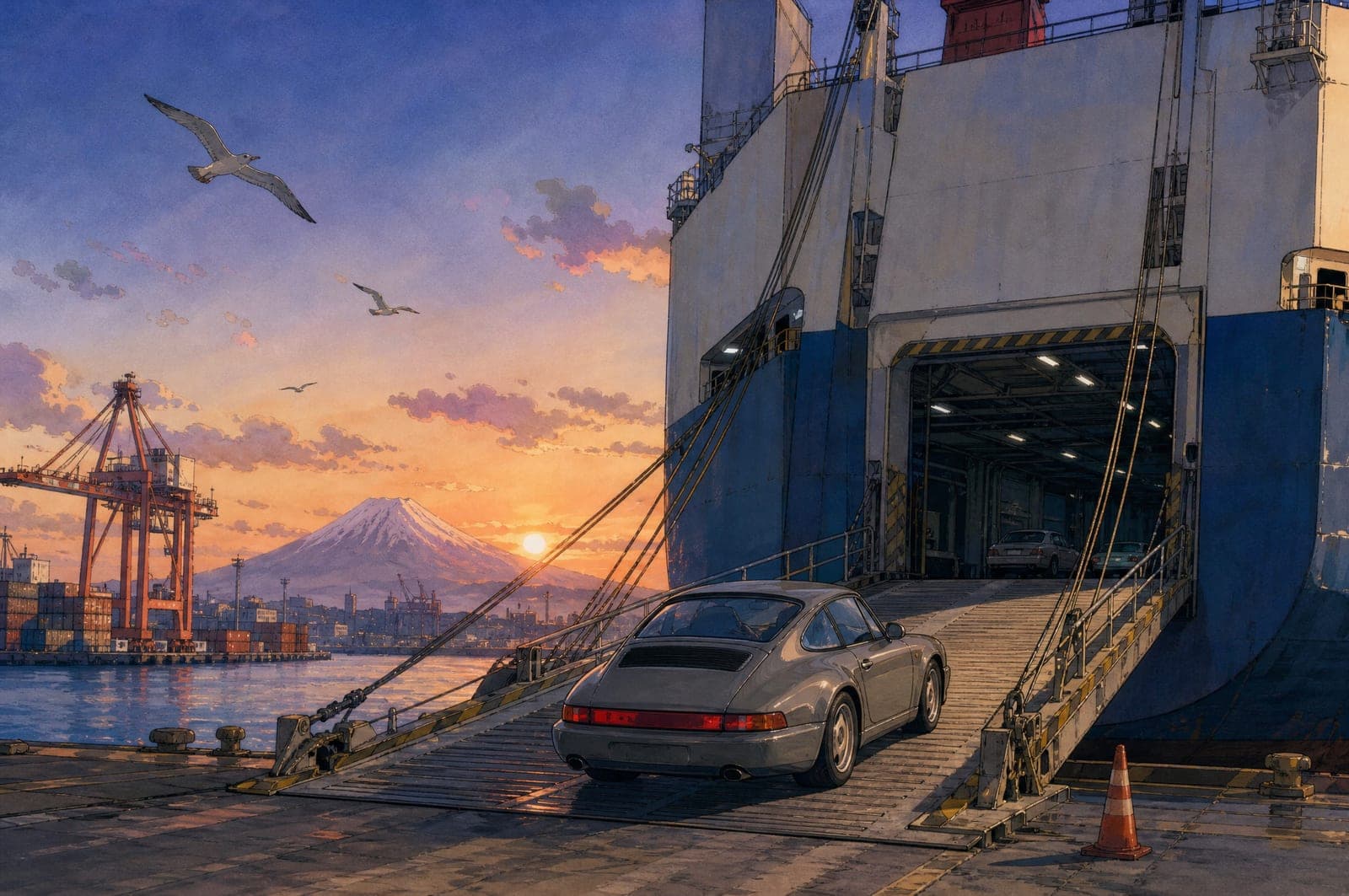 Illustration of a grey Porsche 911 driving onto a car carrier ship at Yokohama with Mount Fuji behind
