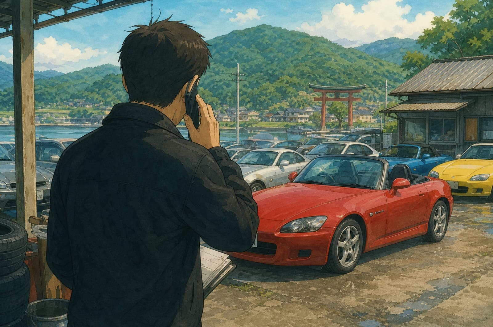 Illustration of a sourcing specialist inspecting a red Honda S2000 at a rural dealer